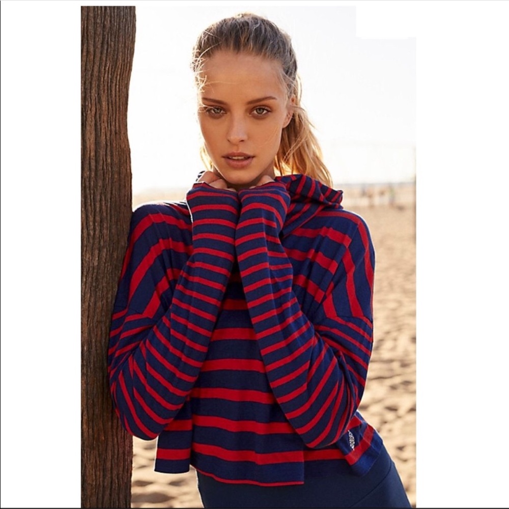 Free People Navy and Red Ref Striped Hoodie